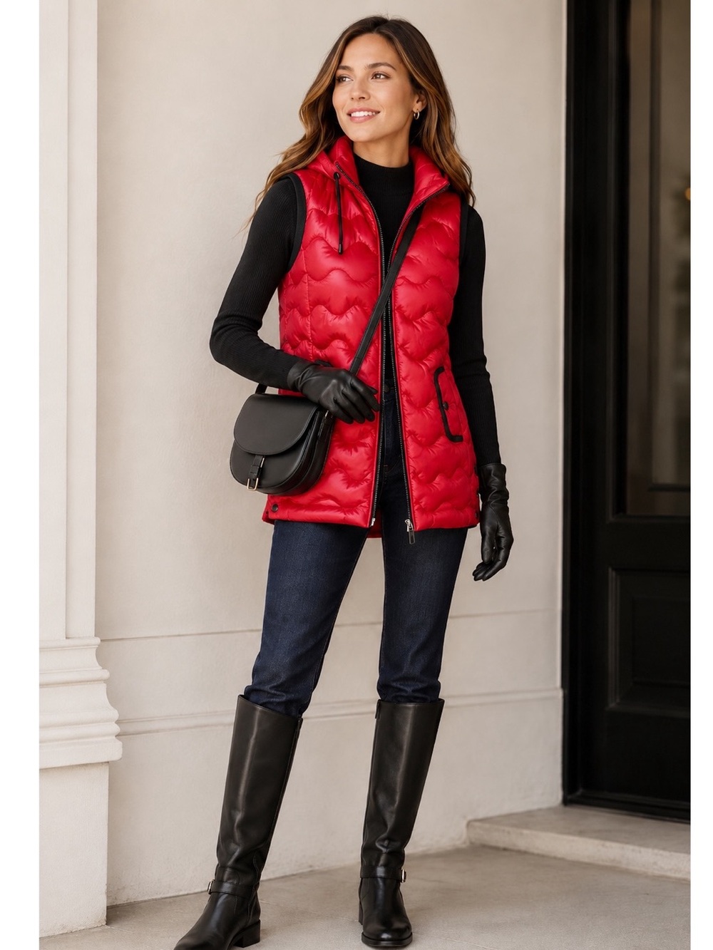 New Quilted Puffer Hooded mixed Media Vest Red Grey Size Medium